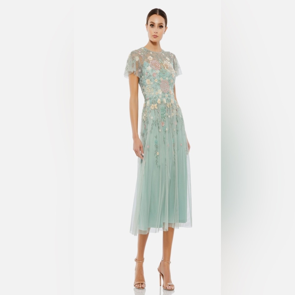 Embellished Illusion High Neck Butterfly Sleeve Midi Dress